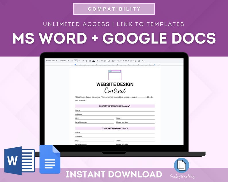 以下が含まれることがあります： Google Docs のウィンドウでウェブサイトデザイン契約書テンプレートが表示されているラップトップの画面。テンプレートは Microsoft Word と Google Docs の両方と互換性があります。画面のテキストは「ウェブサイトデザイン契約書」です。