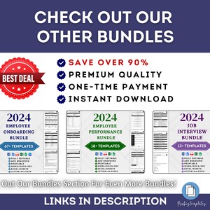 Puede incluir: Una imagen de marketing digital que promociona tres paquetes diferentes de plantillas para la incorporaci&oacute;n de empleados, el rendimiento y las entrevistas de trabajo. La imagen presenta un c&iacute;rculo rojo con el texto "BEST DEAL" y una lista de verificaci&oacute;n con el texto "SAVE OVER 90%", "PREMIUM QUALITY", "ONE-TIME PAYMENT" y "INSTANT DOWNLOAD". Cada paquete est&aacute; representado por una imagen separada con un esquema de color morado y blanco y el a&ntilde;o "2024" en negrita. Los paquetes incluyen 67+, 18+ y 13+ plantillas, respectivamente. La imagen tambi&eacute;n incluye el texto "Check Out Our Bundles Section For Even More Bundles!" y "LINKS IN DESCRIPTION".