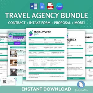 May include: A digital download bundle for travel agencies. The bundle includes a travel inquiry form, a travel proposal form, a credit card authorisation form, and a travel agency contract. The forms are in a green and white colour scheme with a boat icon.