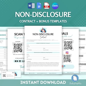 Peut inclure: Un téléchargement numérique d'un modèle de contrat de confidentialité avec des modèles bonus. Le modèle de contrat est dans un schéma de couleurs vert et blanc avec un code QR pour le paiement. Les modèles bonus comprennent une facture, un modèle de scan pour payer et un modèle de témoignages.