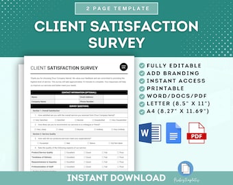 Puede incluir: Una plantilla de encuesta de satisfacción del cliente en blanco y negro con un fondo verde. La plantilla es totalmente editable e incluye un espacio reservado para el logotipo. La encuesta incluye preguntas sobre la satisfacción general, la calidad del servicio y aspectos específicos del servicio. La plantilla está disponible en los formatos Word, PDF, Letter (8,5" x 11") y A4 (8,27" x 11,69").