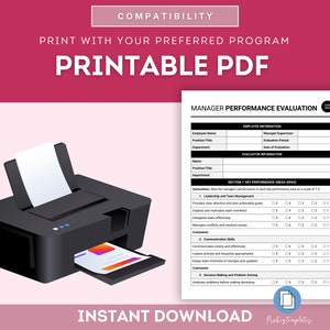 May include: Printable PDF document for a manager performance evaluation. The document includes sections for employee information, evaluator information, and key performance areas. Each key performance area is rated on a scale of 1-5.