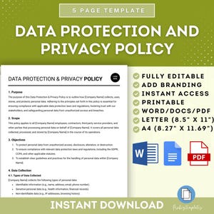 Pode incluir: Um modelo de política de proteção de dados e privacidade imprimível em verde e branco. O modelo é totalmente editável e inclui opções de marca. O documento está disponível nos tamanhos Word, PDF e Carta. O texto do modelo diz "Proteção de dados e política de privacidade".