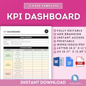Puede incluir: Una plantilla de tablero de mando KPI imprimible en rosa y blanco con una tabla para el resumen de las métricas clave. La tabla incluye columnas para la categoría, el KPI, el valor actual, el valor objetivo y la tendencia. La plantilla es totalmente editable e incluye opciones de marca. La plantilla está disponible en los formatos Word, Docs, PDF, Letter (8,5" x 11") y A4 (8,27" x 11,69").