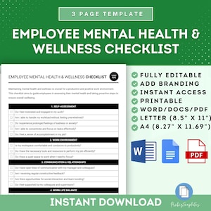 Employee Mental Health And Wellness Checklist Template, Workplace Wellness Checklist, Employee Mental Health Program Checklist Template