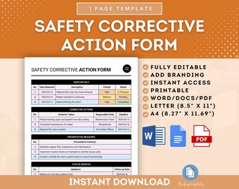 May include: A printable safety corrective action form template in a light orange and white color scheme. The form includes sections for issue details, corrective actions, preventative measures, and status updates. The form is fully editable and available in Word, Docs, and PDF formats. The text on the form reads "Safety Corrective Action Form".