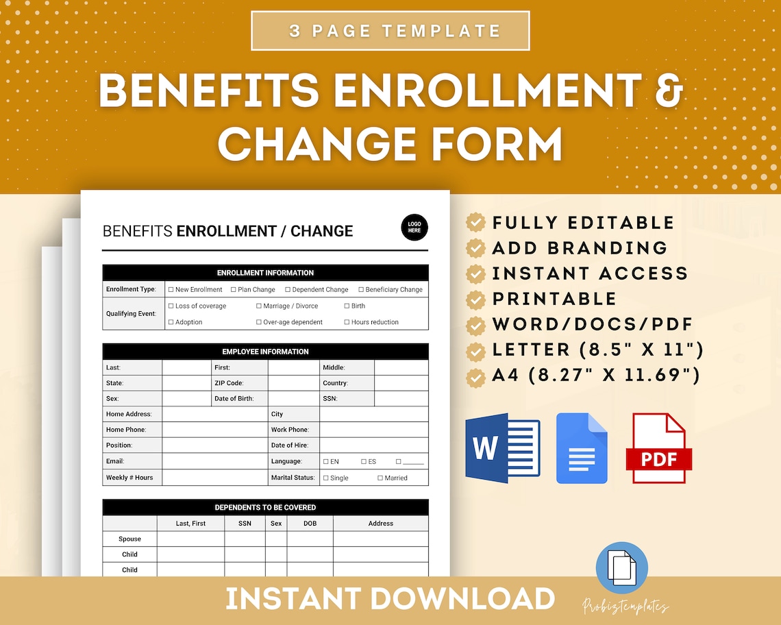 Benefits Enrollment and Change Form Template, Employee Benefits ...