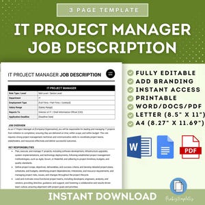 Puede incluir: Una plantilla imprimible en verde y blanco para una descripción del puesto de gerente de proyecto de TI. La plantilla es totalmente editable e incluye una lista de verificación de funciones: totalmente editable, agregar marca, acceso instantáneo, imprimible, Word/Docs/PDF, carta (8,5" x 11"), A4 (8,27" x 11,69").