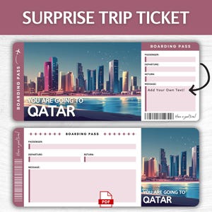 Billete de regalo sorpresa para Qatar imprimible, tarjeta de embarque editable para vacaciones en Doha, pase imprimible para escapadas a Qatar, billete de regalo para viajes a Oriente Medio
