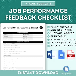 May include: A printable job performance feedback checklist template in a blue and green colour scheme. The checklist is fully editable and includes sections for employee information, performance categories, and a space for a logo. The template is available in Word, PDF, Letter (8.5" x 11"), and A4 (8.27" x 11.69") sizes.