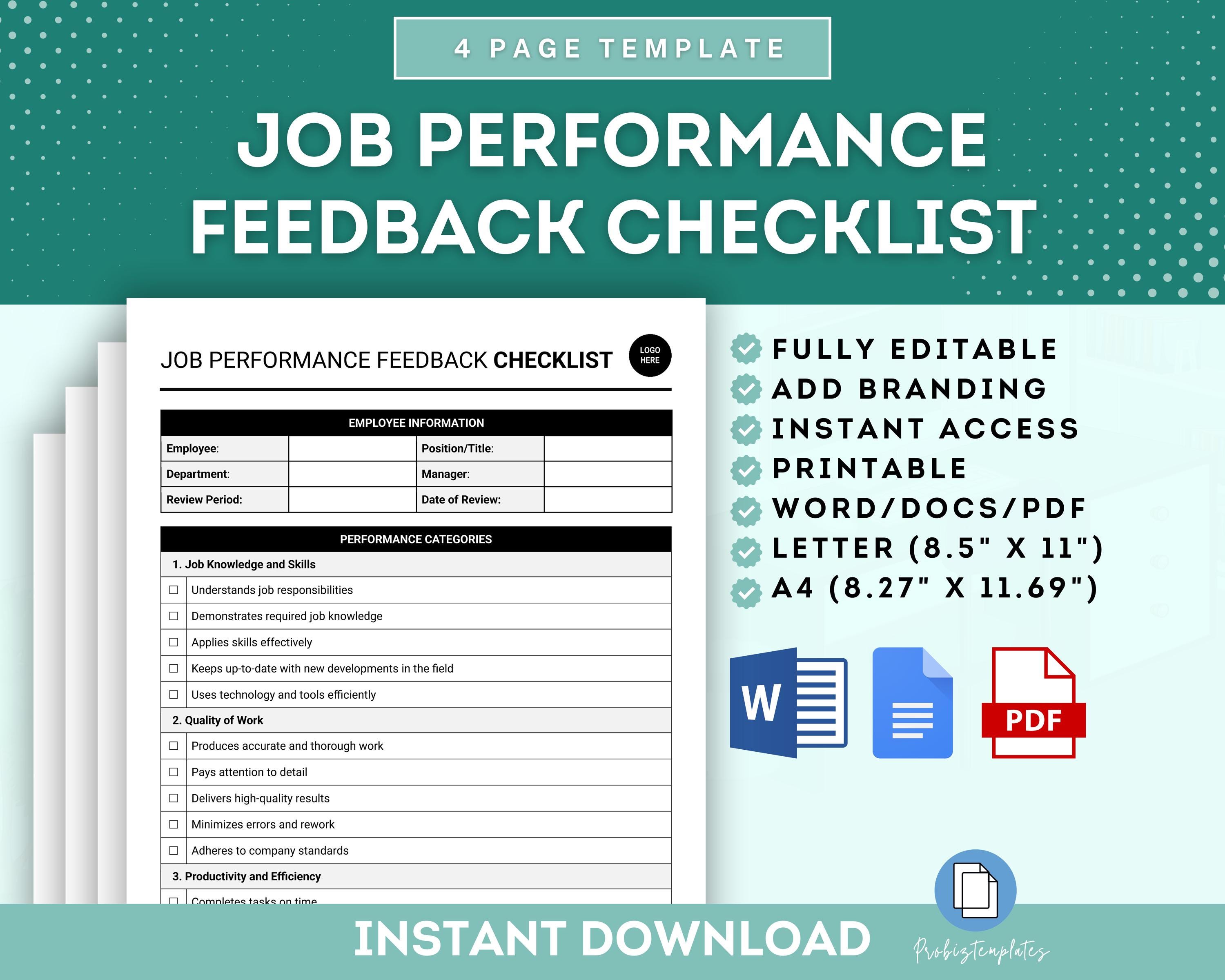 Job Performance Feedback Checklist Template, Employee Performance Review Checklist, Performance Evaluation Form, Job Appraisal Checklist