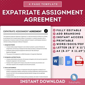 May include: A printable template for an Expatriate Assignment Agreement. The document is fully editable and includes branding options. The template is available in Word, PDF, and Letter size (8.5 inches by 11 inches) and A4 size (8.27 inches by 11.69 inches).