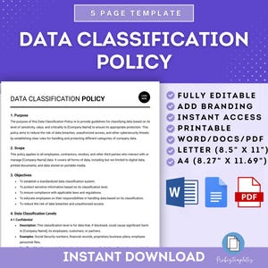 Puede incluir: Una plantilla de política de clasificación de datos descargable digitalmente en morado y blanco. La plantilla es totalmente editable, imprimible y está disponible en Word, PDF y en tamaños Carta y A4. El texto de la plantilla dice "Política de clasificación de datos".