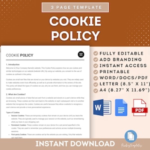 May include: A printable cookie policy template in Word, Docs, and PDF formats. The template is fully editable and includes branding options. The document sizes are Letter (8.5 x 11 inches) and A4 (8.27 x 11.69 inches).