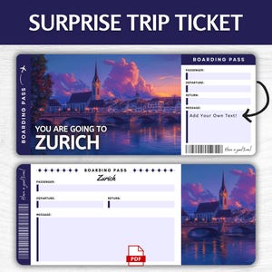 Biglietto regalo a sorpresa per Zurigo stampabile, carta d'imbarco modificabile per la Svizzera, pass vacanze per Zurigo, biglietto regalo per un viaggio in Svizzera, viaggio in Svizzera