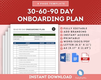 May include: A printable 30-60-90 day onboarding plan template for new employees. The template includes sections for employee information, day, activity, due date, and contact points. The template is available in Word, PDF, and Letter size.