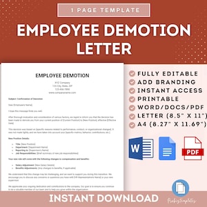 Plantilla de carta de degradación de empleado, aviso de degradación de puesto, plantilla de carta de cambio de rol de empleado, plantilla de notificación de degradación de puesto