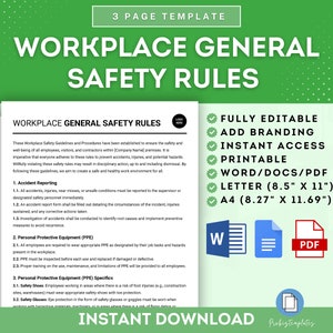 Plantilla de reglas generales de seguridad en el lugar de trabajo, pautas de seguridad en el lugar de trabajo, regulaciones generales de seguridad, política de seguridad en el lugar de trabajo, procedimientos de seguridad