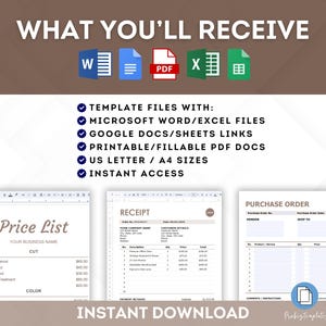 K&ouml;nnte beinhalten: Ein digitaler Download von druckbaren Vorlagen f&uuml;r eine Preisliste, eine Quittung und eine Bestellung. Die Vorlagen sind in Microsoft Word, Excel, Google Docs und Google Sheets verf&uuml;gbar. Die Vorlagen sind auch im druckbaren PDF-Format verf&uuml;gbar.