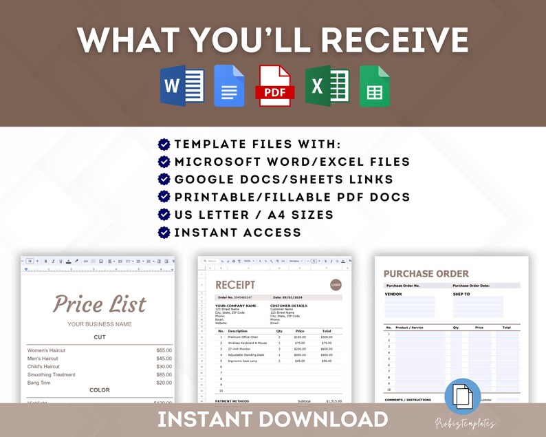 K&ouml;nnte beinhalten: Ein digitaler Download von druckbaren Vorlagen f&uuml;r eine Preisliste, eine Quittung und eine Bestellung. Die Vorlagen sind in Microsoft Word, Excel, Google Docs und Google Sheets verf&uuml;gbar. Die Vorlagen sind auch im druckbaren PDF-Format verf&uuml;gbar.