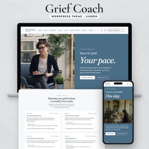 May include: A digital display of the Grief Coach WordPress theme named Linden, featuring a website layout on a laptop screen and a mobile phone. The design uses a blue and white color palette with text including Room for grief. Your pace.
