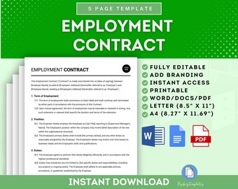 May include: A green and white printable employment contract template with a checklist of features, including fully editable, add branding, instant access, printable, word/docs/pdf, letter (8.5" x 11"), and A4 (8.27" x 11.69").