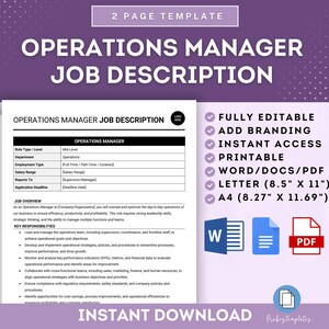 May include: A printable Operations Manager Job Description template in a pink and purple background. The template is fully editable and includes a job overview, key responsibilities, and a section for adding branding. The template is available in Word, PDF, Letter, and A4 sizes.
