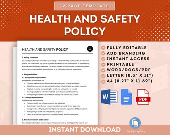 Employee Health And Safety Policy, Safe Workplace Policy Template, New Hire Health And Safety Agreement, Employee Policies, HR Policies