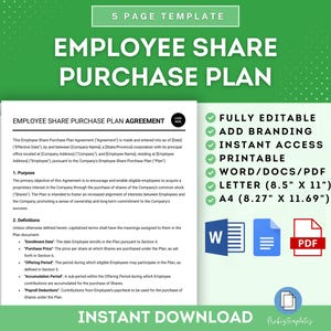 May include: A green and white digital download template for an Employee Share Purchase Plan Agreement. The template is fully editable, printable, and available in Word, PDF, and Letter size. The text on the template reads "Employee Share Purchase Plan Agreement".