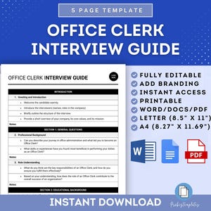 May include: A blue and white printable interview guide for an office clerk position. The guide includes sections for greeting and introduction, general questions, educational background, experience, and references. The guide is fully editable and includes branding options. The guide is available in Word, PDF, Letter (8.5" x 11"), and A4 (8.27" x 11.69") sizes.
