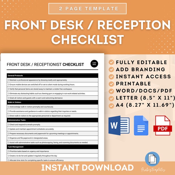 Front Desk Receptionist Checklist, Reception Responsibilities, Receptionist Daily Checklist, Receptionist Task Tracker, Front Desk Tasks