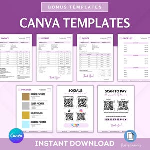 以下が含まれることがあります： ビジネス用途のCanvaテンプレートセット。テンプレートには、請求書、領収書、見積書、価格表、ソーシャルメディア、スキャン支払いオプションが含まれています。テンプレートは、モダンでミニマルなスタイルで、パープルとホワイトのカラーパレットを使用しています。