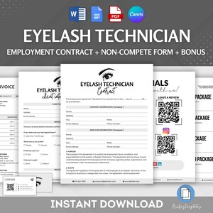 May include: A printable set of documents for an eyelash technician business. The documents include an invoice, client intake form, employment contract, non-compete form, and testimonials form. The documents are in black and white with a stylized eye graphic.