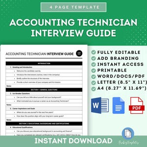 Könnte beinhalten: Ein druckbarer Interviewleitfaden für Stellen als Buchhaltungstechniker. Der Leitfaden enthält Abschnitte für Begrüßung und Einführung, allgemeine Fragen, Bildungshintergrund und Zertifizierungen sowie Erfahrung. Der Leitfaden ist in den Formaten Word, PDF, Letter (8,5" x 11") und A4 (8,27" x 11,69") verfügbar.
