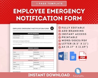 Può includere: Un modello di modulo di notifica di emergenza per i dipendenti, stampabile, in rosa, bianco e nero. Il modello include sezioni per le informazioni sui dipendenti, i contatti di emergenza e un'autorizzazione per la notifica di emergenza. Il modello è disponibile in formato Word, PDF e Letter.