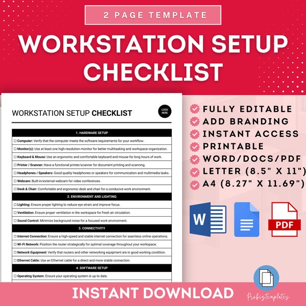 Workstation Setup Checklist, Employee Workplace Desk Setup Checklist, Employee Computer Software Setup, Employee Ergonomic Office Setup