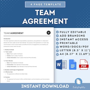 May include: A blue and white printable team agreement template with the text "TEAM AGREEMENT" in large white letters. The template is fully editable and includes sections for team leader and team member information, duration and scope of agreement, and a termination clause. The template is available in Word, PDF, and Letter sizes.