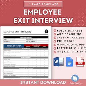 Puede incluir: Una plantilla de entrevista de salida de empleados imprimible en un esquema de color rojo, blanco y negro. La plantilla incluye secciones para la información del empleado, los factores de empleo y el nivel de influencia. La plantilla está disponible en formato Word, PDF y Carta.