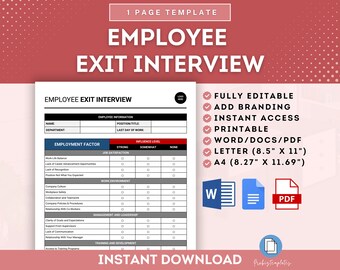 May include: A printable employee exit interview template in a red, white, and black color scheme. The template includes sections for employee information, employment factors, and influence level. The template is available in Word, PDF, and Letter size.