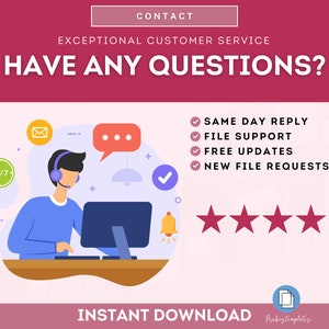Peut inclure: Illustration d'un repr&eacute;sentant du service client&egrave;le avec un casque, assis devant un ordinateur. Le texte "HAVE ANY QUESTIONS?" est au-dessus de l'illustration. Sous l'illustration, une liste des avantages du service client&egrave;le&nbsp;: R&eacute;ponse le jour m&ecirc;me, Assistance aux fichiers, Mises &agrave; jour gratuites, Nouvelles demandes de fichiers. Cinq &eacute;toiles rouges sont situ&eacute;es sous la liste. Le texte "INSTANT DOWNLOAD" est en bas de l'image.