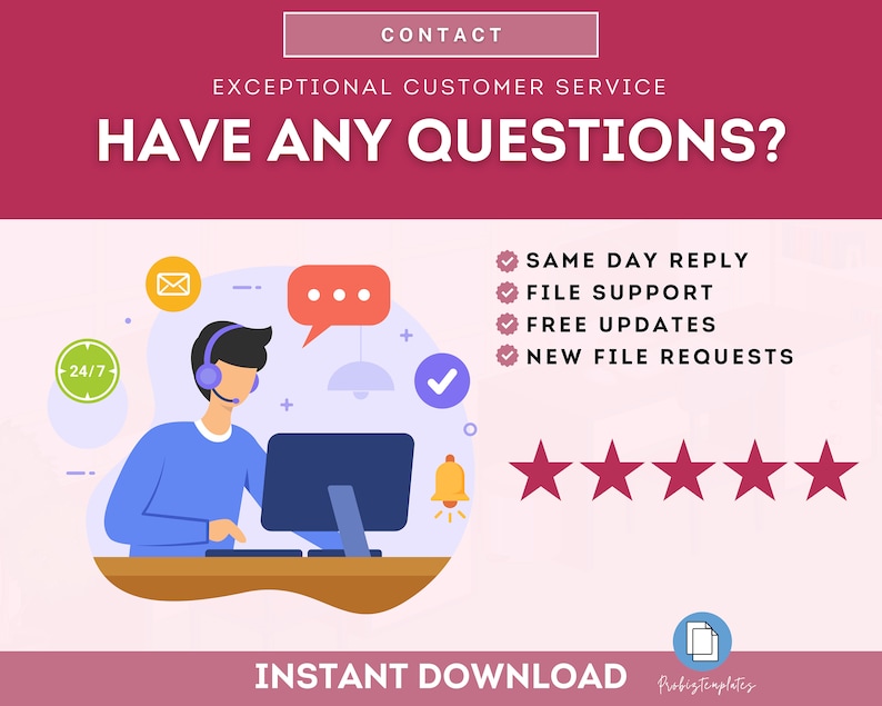 Peut inclure: Illustration d'un repr&eacute;sentant du service client&egrave;le avec un casque, assis devant un ordinateur. Le texte "HAVE ANY QUESTIONS?" est au-dessus de l'illustration. Sous l'illustration, une liste des avantages du service client&egrave;le&nbsp;: R&eacute;ponse le jour m&ecirc;me, Assistance aux fichiers, Mises &agrave; jour gratuites, Nouvelles demandes de fichiers. Cinq &eacute;toiles rouges sont situ&eacute;es sous la liste. Le texte "INSTANT DOWNLOAD" est en bas de l'image.