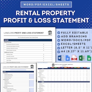 May include: A printable rental property profit and loss statement template in a blue, white, and gray color scheme. The template is fully editable and can be used in Word, PDF, and Excel. The template includes sections for income, expenses, and profit. The template is available in Letter (8.5" x 11") and A4 (8.27" x 11.69") sizes.