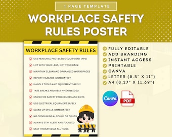 May include: A yellow and black printable poster with a checklist of workplace safety rules. The poster includes a cartoon illustration of a construction worker. The poster is available in Letter (8.5" x 11") and A4 (8.27" x 11.69") sizes.