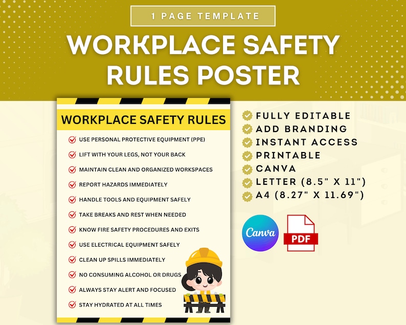 Workplace Safety Rules Poster, Printable Workplace Safety Guidelines ...