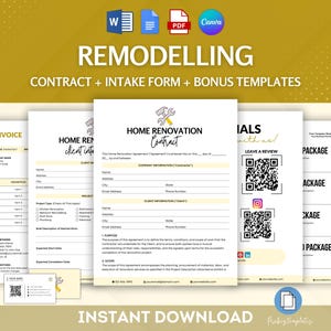 以下が含まれることがあります： 住宅改修業者向けの印刷可能なテンプレートセット。テンプレートには、契約書、顧客情報入力フォーム、請求書、お客様の声フォームが含まれています。テンプレートは、黄色と白のカラーテーマで、漫画のハンマーとレンチのロゴがデザインされています。