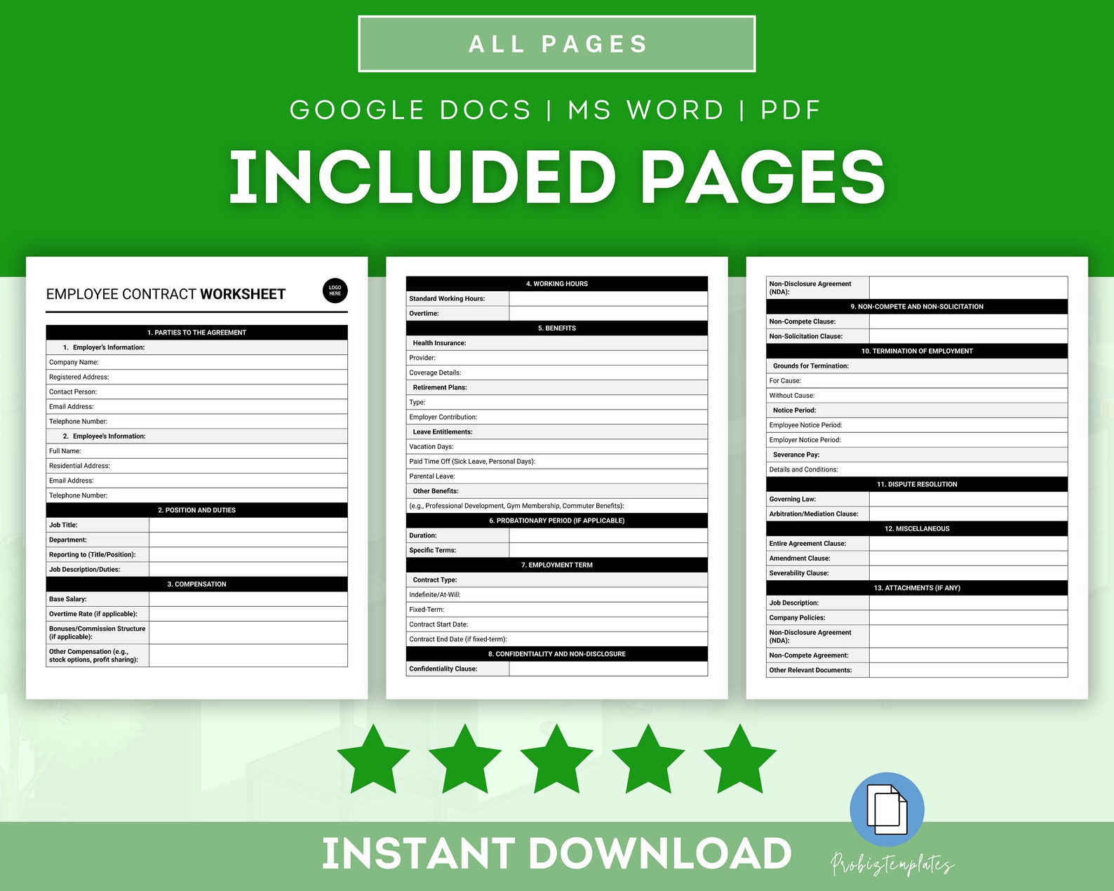 Employment Contract Worksheet Template, Job Contract Worksheet ...