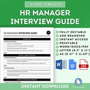May include: A printable HR Manager Interview Guide template in Word, PDF, and Letter formats. The guide includes sections for greeting and introduction, general questions, professional background, role understanding, and educational background. The template is fully editable and includes branding options.