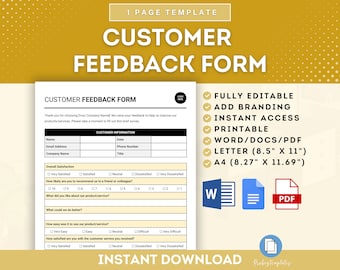 Puede incluir: Una plantilla de formulario de comentarios de clientes imprimible en un esquema de color amarillo y blanco. El formulario incluye secciones para la información del cliente, la satisfacción general, la probabilidad de recomendación y los comentarios sobre el producto/servicio. La plantilla está disponible en los formatos Word, Docs y PDF. El texto de la imagen dice "Formulario de comentarios de clientes" y "Descarga instantánea".