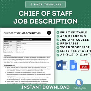 Puede incluir: Una plantilla de descripción de puesto imprimible en verde y blanco para un puesto de Jefe de Gabinete. La plantilla incluye una descripción general del puesto, las responsabilidades clave y una sección para las cualificaciones del Jefe de Gabinete. La plantilla está disponible en los tamaños Word, PDF y Carta.