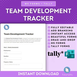 Pode incluir: Um download digital roxo e branco para um rastreador de desenvolvimento de equipe. O rastreador foi projetado para ajudar gerentes e supervisores a supervisionar o crescimento e o progresso dos membros de sua equipe. O rastreador inclui seções para os nomes dos funcionários, prazos e notas de progresso. O texto "FULLY EDITABLE", "ADD BRANDING", "INSTANT ACCESS", "BEAUTIFUL FORMS", "DRAG-AND-DROP", "MS FORMS" e "TALLY FORMS" está listado em uma lista de verificação. O texto "tally*" está em uma fonte grande com um asterisco estilizado. O texto "INSTANT DOWNLOAD" está na parte inferior da imagem.